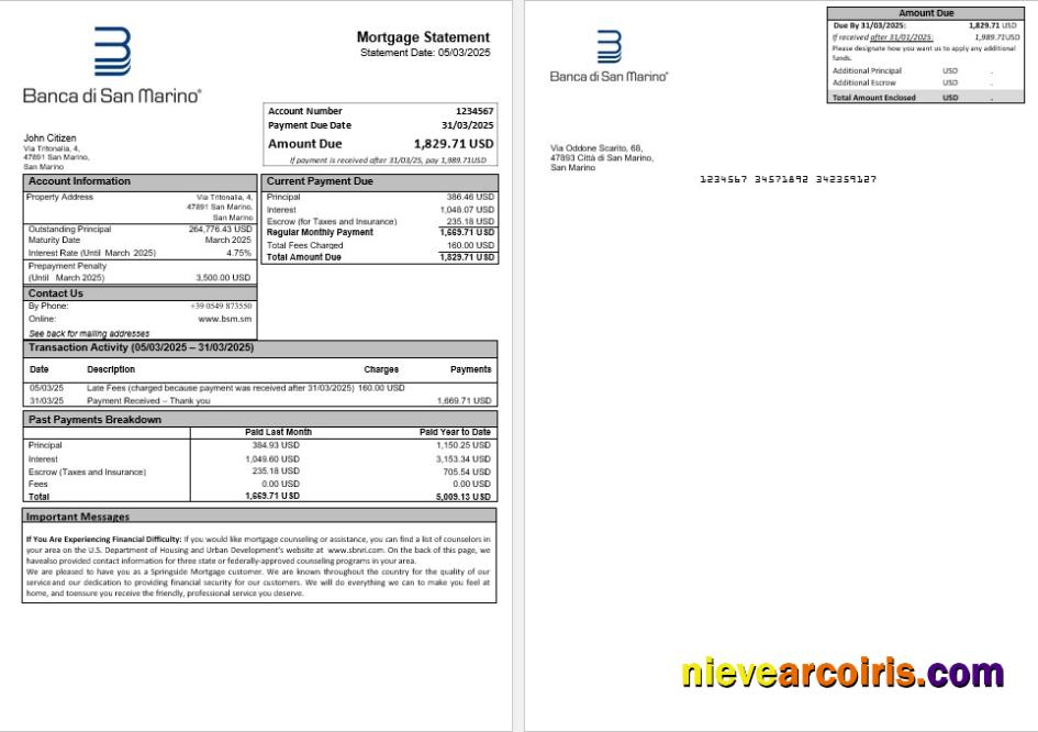 San Marino Banca di San Marino mortgage statement